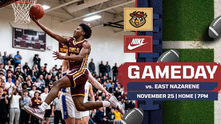 Gameday template featuring full-court basketball background with player action photo on left, team logo and sponsor badges at top right, bold "GAMEDAY" title, opponent name, date, time and location details on red and navy banner design