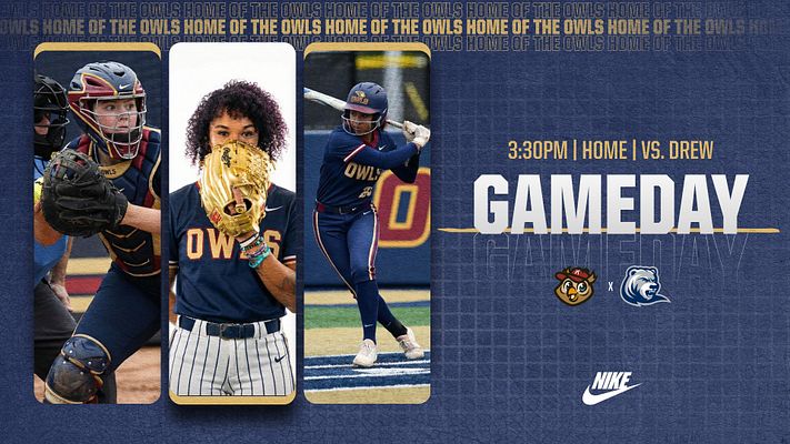 Tri-bubble gameday template featuring three player photos in three vertical segments, with game time and opponent details on the right, navy and gold color scheme.