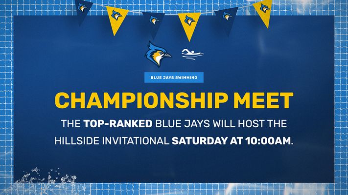 Swimming event template with blue background, decorative pennants at the top, and white text area for championship details and team highlights.