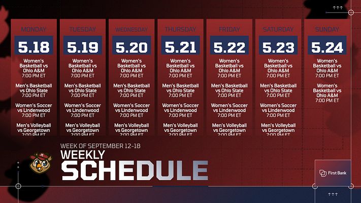Weekly schedule template in a grid layout with dark blue background, days of the week listed vertically, game details below, and team logo in the bottom right.