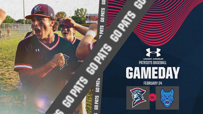 Multi-format gameday template featuring diagonal ribboned 3D text design in red and navy, large photo area on left, team logo and opponent logo badges, text sections for event title and date on right side, exports to landscape, square, and story dimensions