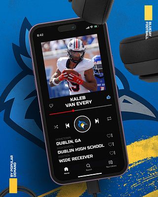 Social media template featuring a smartphone mockup with a player headshot, name, hometown, and position. Bright blue background with headphone graphic, designed for recruiting.