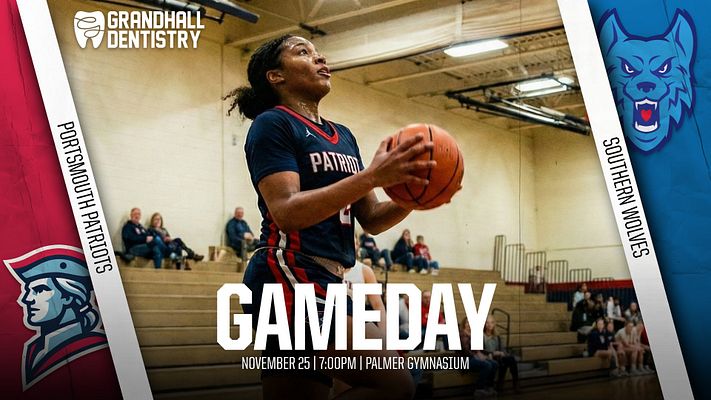 Gameday template with diagonal design elements, central photo of basketball player, team and opponent logos on left and right sides, game details at bottom, and sponsor area at top