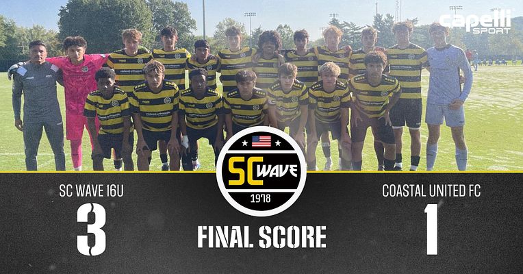 Landscape sports template for club scores featuring a team photo area at the top, final score prominently displayed below, and club logos. Designed for social media.
