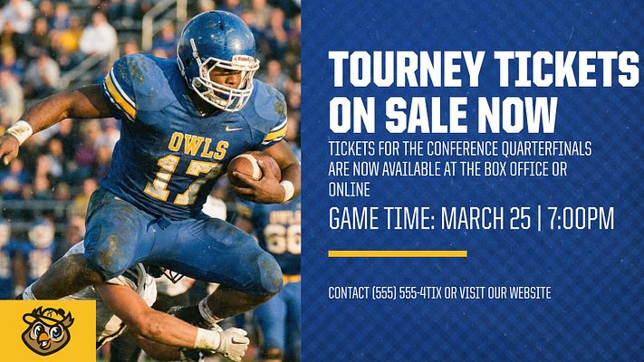Game day ticket promotion template with basketball image on left, dark purple right section featuring bold white text for event title, game details, and contact information. Includes team logo placement and decorative stripe accent.