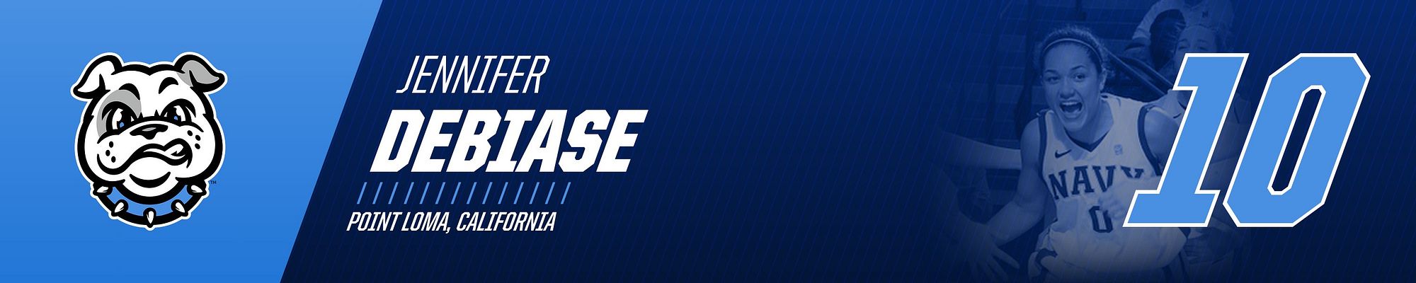 Locker sign template with angled blue background, team logo on left, player name and location in center, player photo, and large jersey number on right for identifying player lockers