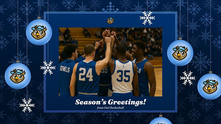 Holiday snow template with dark blue background, snowflake pattern, and hanging ornaments featuring team logos. Central photo area for team image, white text banner below reading 'Season's Greetings!' Available in landscape, Instagram, and story formats.