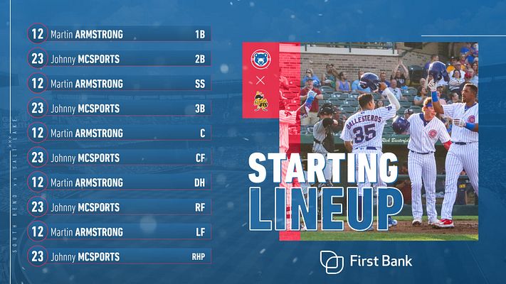 Multi-format lineup template with a deep blue background, player names listed on the left, a vibrant red section featuring a team logo and photo on the right, labeled 'STARTING LINEUP'.