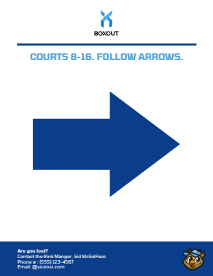PDF directions template with navy blue header containing logo and location title, large right-pointing arrow icon as main visual element, and branded footer bar with white logo