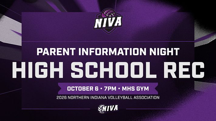 Information meeting template with a bold purple background, large text areas for event title and details, featuring the NIVA logo and volleyball graphic, designed for club announcements.