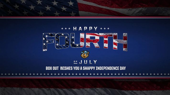 4th of July template with a blue background, large 'HAPPY FOURTH' text featuring patriotic colors, and a logo at the center, including a greeting message at the bottom.