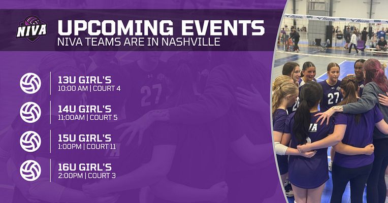 Club events template with purple gradient background, white header text reading 'Upcoming Events' with subtitle, list of four age group volleyball games with times and court numbers on left, and photo of athletes in team huddle on right
