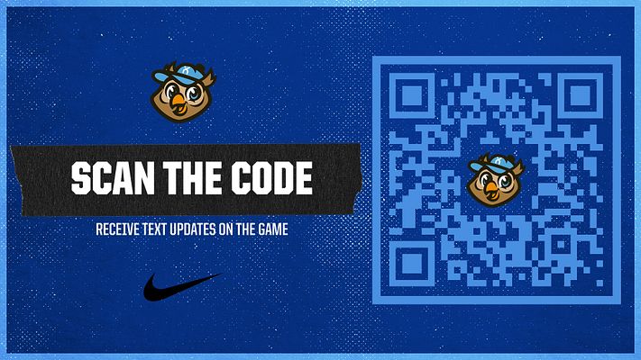 Red QR code template featuring a large QR code on the right, bold black text urging to 'Scan the Code', and school logo at the top. Designed for game updates.