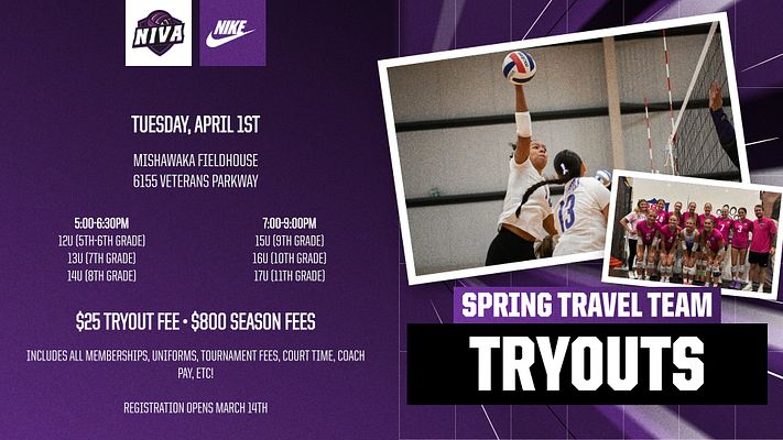 Club/League meeting template with purple background, event details on left (date, location, times, fees), and right side featuring two angled photo frames showing volleyball action and team group photo with 'Spring Travel Team Tryouts' text overlay