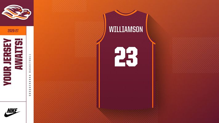 Jersey number reveal template featuring a maroon basketball jersey with 'WILLIAMSON' and the number '23'. Bold text reads 'YOUR JERSEY AWAITS!' with a vibrant orange background.
