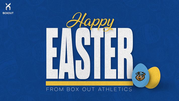 Easter template featuring bold white text on a blue background, decorative Easter eggs in the corner, and a yellow accent banner for messaging and logo placement.
