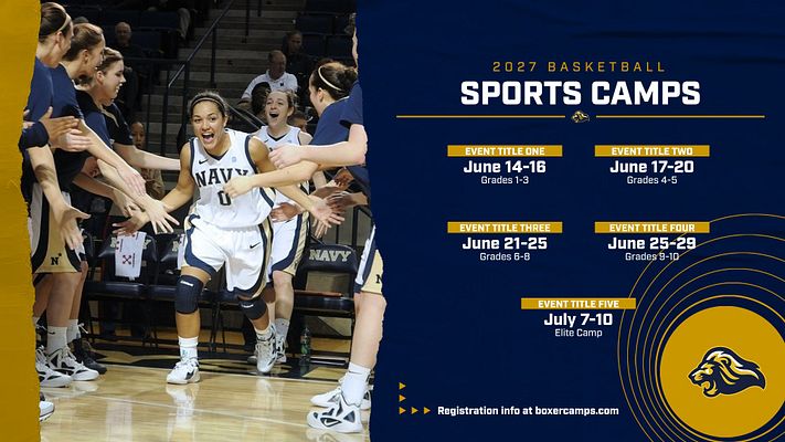 Basketball camp template with split layout featuring team photo on left, navy and gold color scheme. Right side displays 2024 camp schedule with five event blocks showing dates and grade levels, team logo, and registration information.