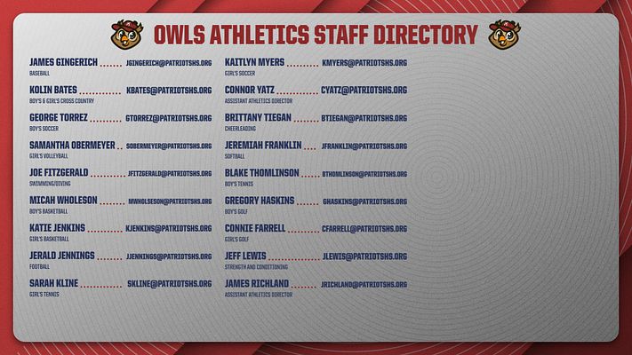 Staff directory template featuring a red and gray background, organized list of staff names and emails, with team sports icons and 'Owls Athletics' title at the top.