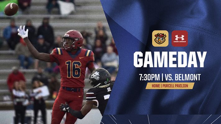 Game day template with football player photo on left, blue diagonal stripe design on right, logos at top, and white text displaying game time, opponent, and location details