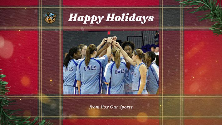 Holiday graphic template with a festive red background, plaid border, and space for a team photo in the center. Prominent 'Happy Holidays' text at the top and custom logo area.