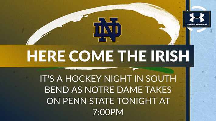 Hockey headline template with gold and dark green background, white swoosh graphic element, team logo placement area, large bold headline text band, and secondary text section for game details and matchup information