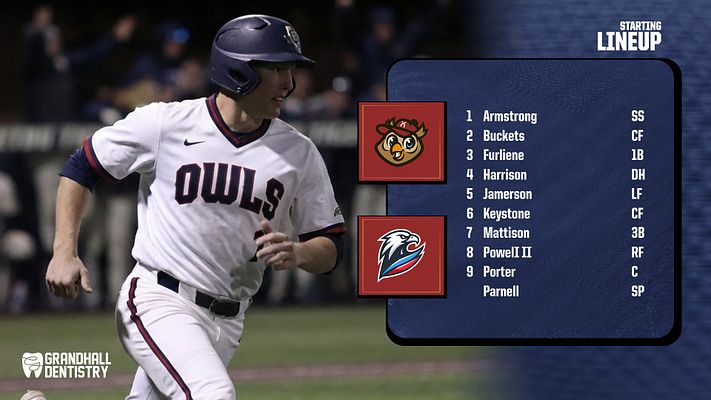 Baseball lineup template with a blue and white color scheme, featuring a player action photo on the left and a list of player names on the right, designed for showcasing starting lineups.