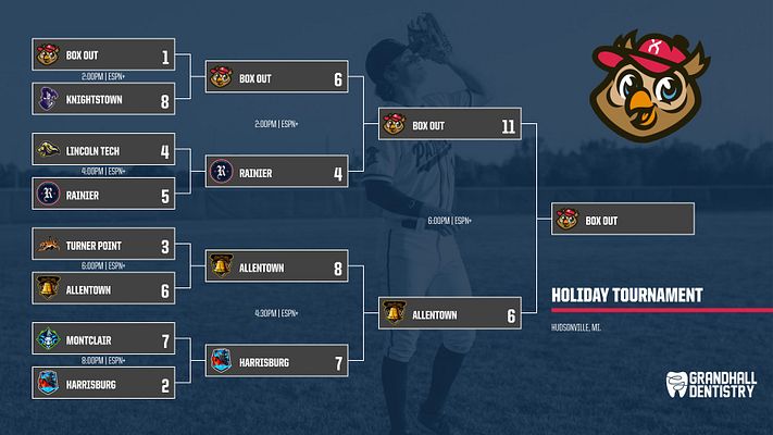 8-team tournament bracket template with landscape layout, featuring matchups on the left and right, team logos, scores, and game times, primarily in dark blue and white colors.