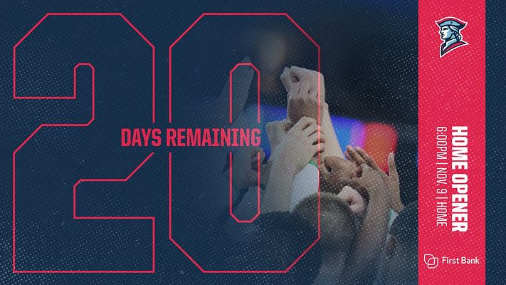 Countdown template with bold neon pink outlined numbers on dark blue background, centered "DAYS REMAINING" text, team logo placement on right red banner, and photo overlay area showing athlete imagery, designed for social media gameday promotion