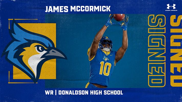 Player spotlight template with blue and gold color scheme featuring team logo on left, full-body player photo in center, player name at top, position and school info at bottom, and large vertical text on right. Exports to landscape, Instagram, and story formats.