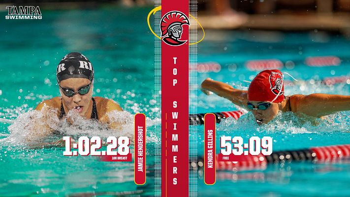 Dual player highlight template for swimming with turquoise water background, two swimmers in action on left and right sides, red team logo and vertical text banner in center, time displays and athlete names in white text overlays, designed for social media sharing