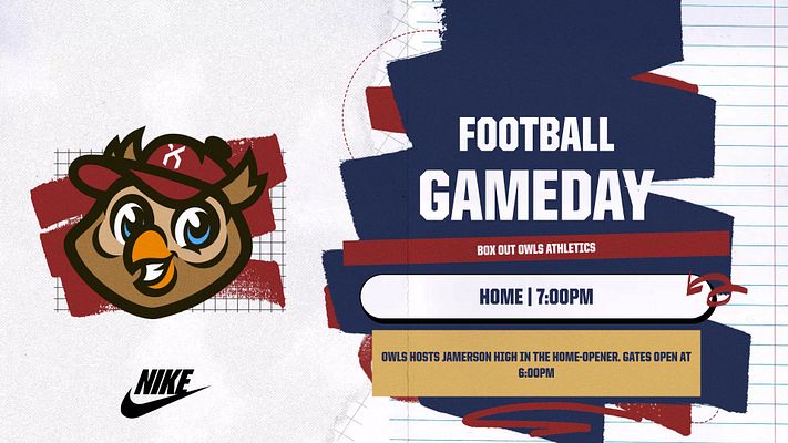Multi-format headline template with navy and red color scheme featuring large "Football Gameday" text on stacked banner shapes, team mascot logo on left, game details area, and dynamic geometric backgrounds. Designed for landscape, Instagram, and story formats.