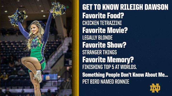 Cheerleading graphic template with a left photo area for an athlete holding pom-poms and multiple text lines on the right for fun Q&A details, featuring a navy and gold color scheme.