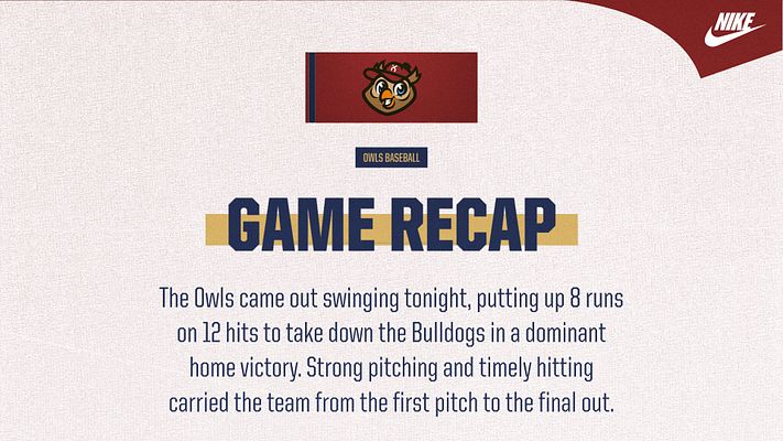 Game recap template with cream background, team logo at top, bold gold and navy text reading 'GAME RECAP', and descriptive text area below. Designed for quick athletic summaries across landscape, Instagram, and story formats.