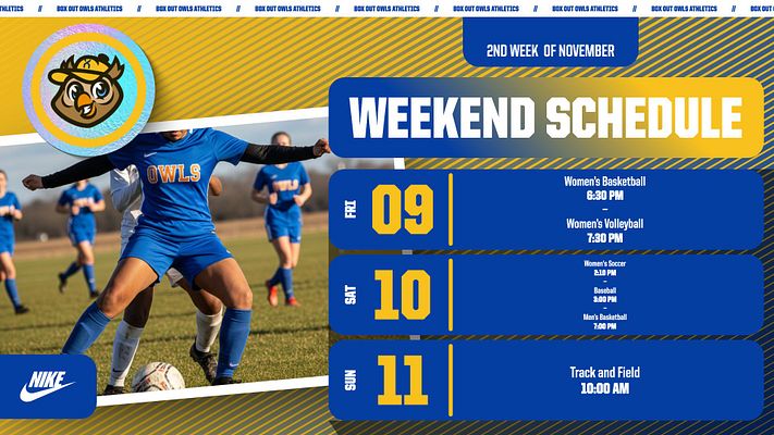 Multi-format weekend schedule template with bright yellow and blue color scheme. Header area for weekend title, and three columns listing sports events for Friday to Sunday.