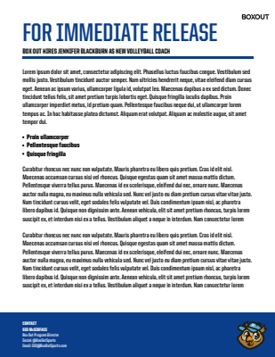 Press release template in portrait layout featuring a header with title and subtitle, structured text for content, and contact details in a blue footer section.