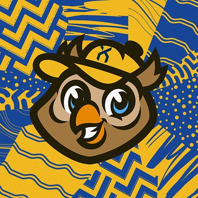 Social media profile template with turquoise and purple geometric pattern background featuring chevron and wave designs. Center displays white-outlined mascot head logo with team initials. Includes square avatar format (1080x1080) and landscape banner format (1500x500) for Twitter, Instagram, and Facebook.