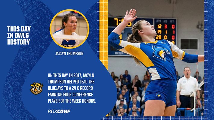 Player spotlight template featuring a circular photo area for a player on the left, with a bold headline and text box on the right, bright blue and yellow color scheme.