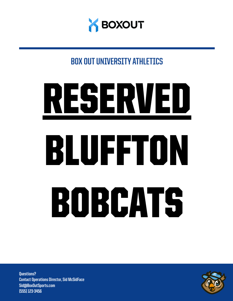 PDF announcement template with centered layout, featuring Box Out University Athletics header, large bold black headline text, and navy footer banner with contact information and logo