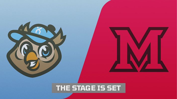Logo Matchup template with split-screen design: blue section on left with team logo, red section on right with opposing team logo, creating a versus layout. Available in landscape, Instagram 4:5, and Story formats.