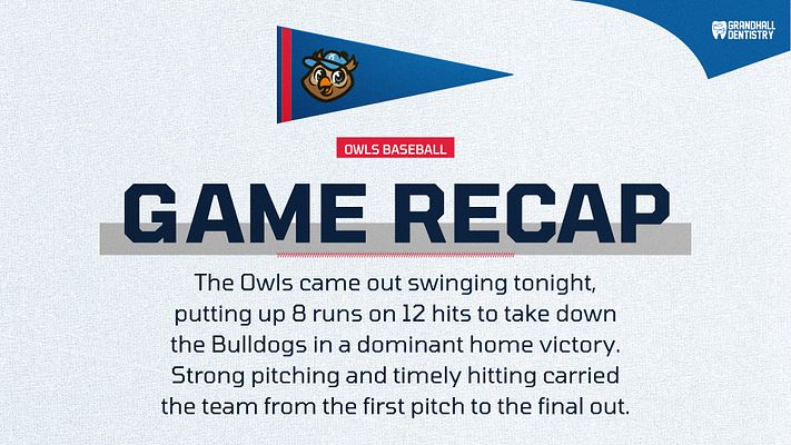 Game recap template with cream background, team logo at top, bold gold and navy text reading 'GAME RECAP', and descriptive text area below. Designed for quick athletic summaries across landscape, Instagram, and story formats.