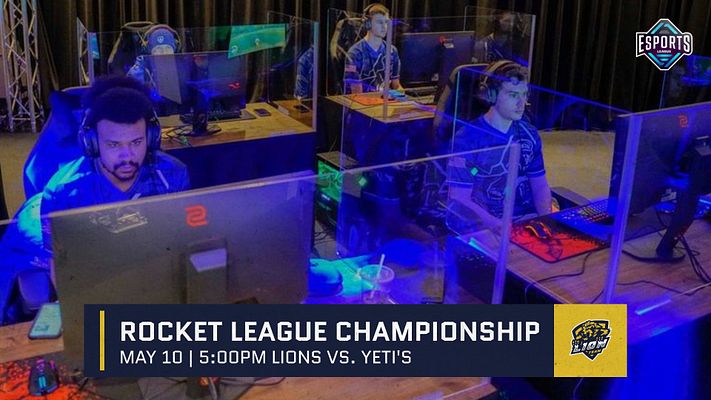 Esports lower third template with dark overlay banner at bottom featuring event title, date, time, and team logos. Yellow accent bar on left side with white text area for match information. Professional broadcast-style design for competitive gaming events.