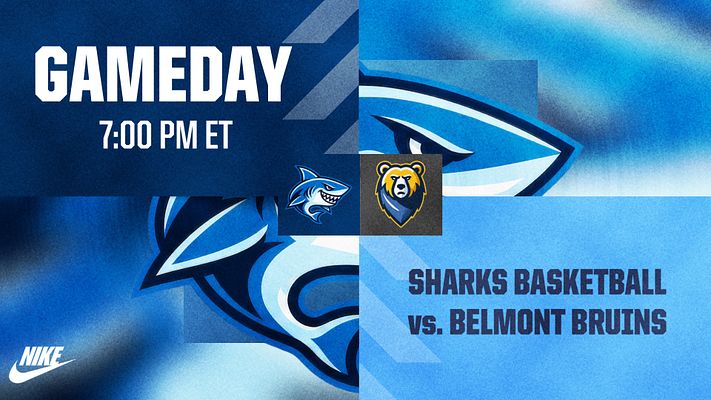Match day template with blue gradient background, large white MATCH DAY heading, time line, shark mascot graphics, team logo spaces, and text placeholder in lower right.