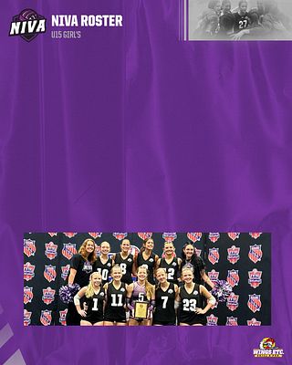 Roster template with purple background, multi-column layout featuring player names and numbers, plus a photo area for team image at the bottom, designed for club sports.