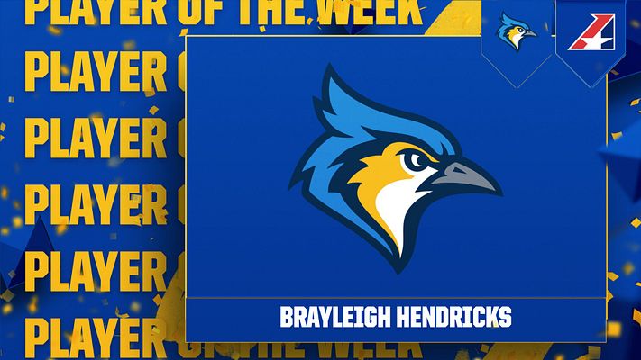 Player spotlight template with blue and gold color scheme, featuring large player photo area centered on right, repeating text on left side, player name banner at bottom, and team logos in top corners for social media sharing