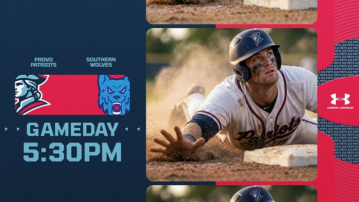 Gameday template with navy and red geometric layout, featuring team logo placeholders on left, large player action photo in center, and time display. Multi-format design for Twitter, Instagram, and Stories.