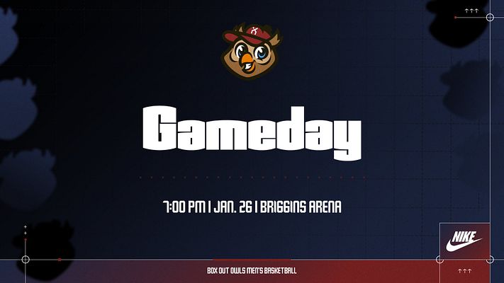 Social media graphic template featuring bold 'GAMEDAY' headline, game details below, logo placement, dark color scheme with highlights for multi-format use.