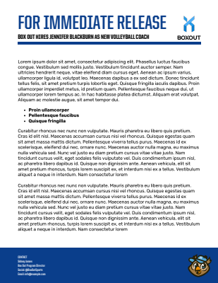 Press release template in portrait layout featuring a header with title and subtitle, structured text for content, and contact details in a blue footer section.