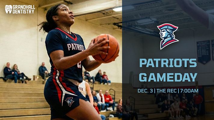 Game day promotion template with split layout: action photo of athlete on left, team logo and event details on right with bold blue text, dark background, and sponsor logo placement