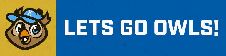 Scorers table headline template with a vibrant blue background, cartoon owl mascot on the left, and a blank center area for text or scores.
