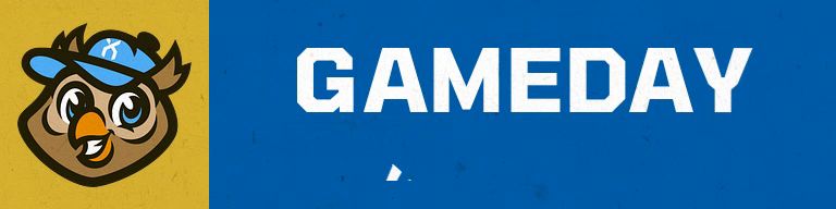 Landscape motion template with team mascot logo on gold left section and blue right section displaying large white "GAMEDAY vs Opponent" text for scorers table headlines